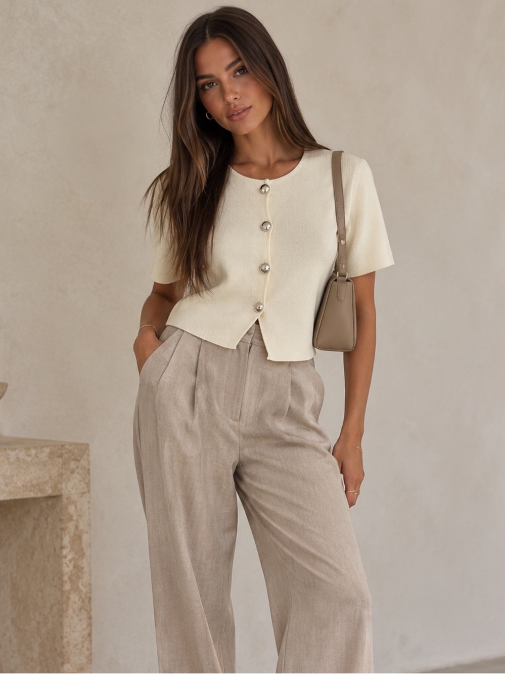 Cropped Short-Sleeve Button Front Top in Cream